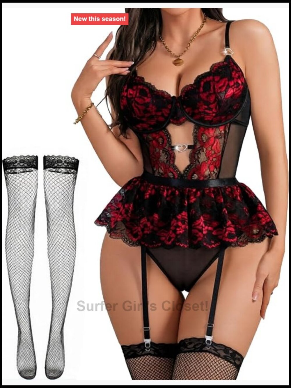 Lace Garter Lingerie Set Underwire Push Up 4 Piece with Fishnet Stockings
